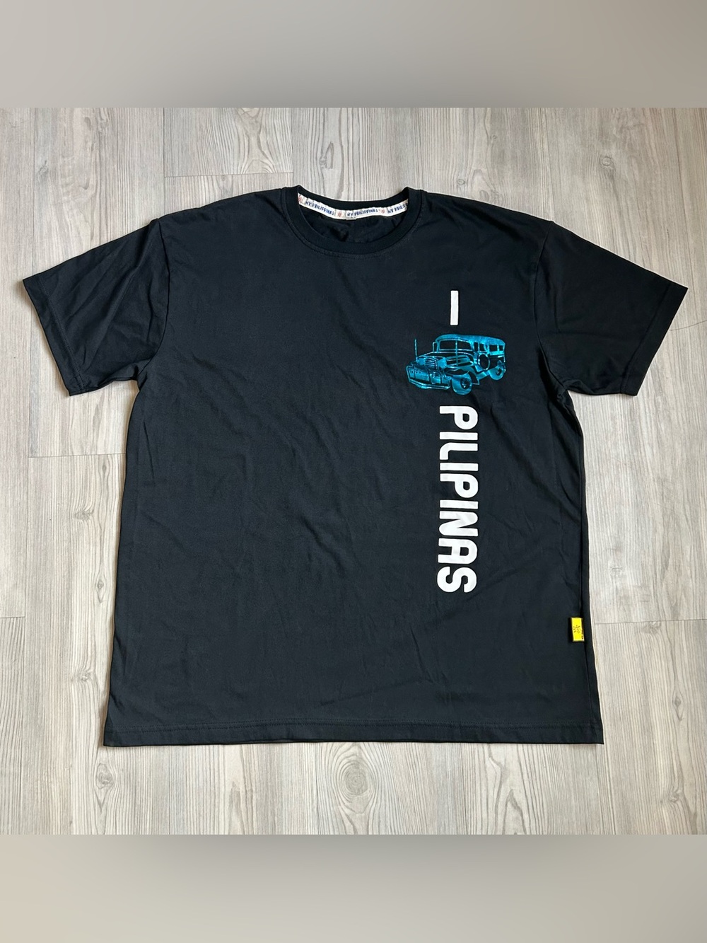Black Tee with White Vertical PILIPINAS and Blue Jeepney Graphic